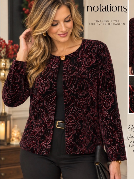 Notations Tops - Notations Black Red Velvet Paisley Beaded Sparkle Cardigan Jeweled Button